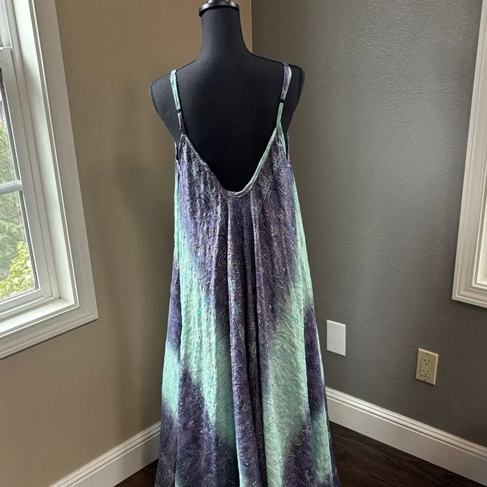Flowy Bohemian Maxi Dress in Indigo & Mint with Gold Accents - Picture 5 of 7